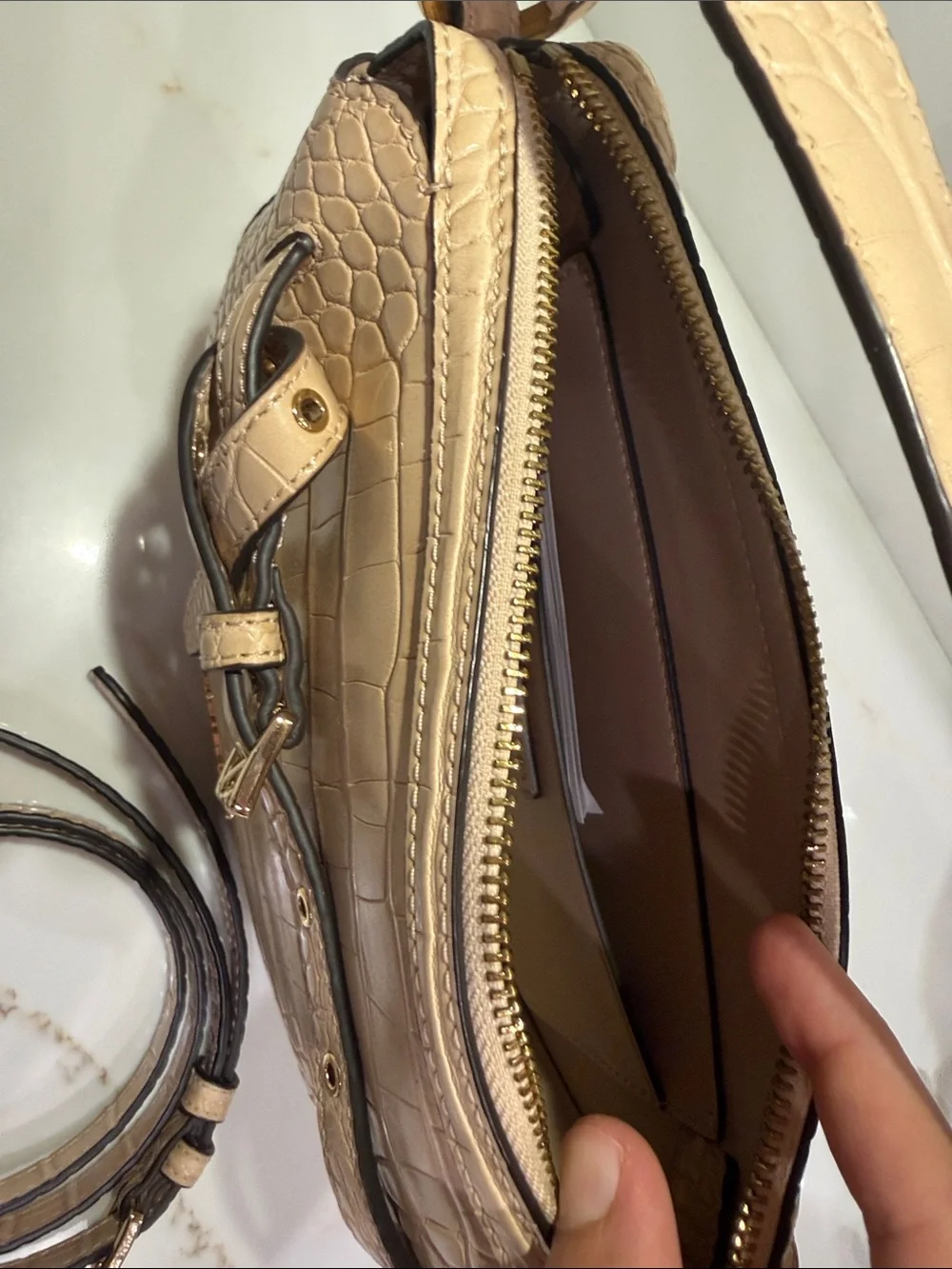 Michael Kors Croc-Embossed Mini Shoulder Bag in Beige with Gold Hardware